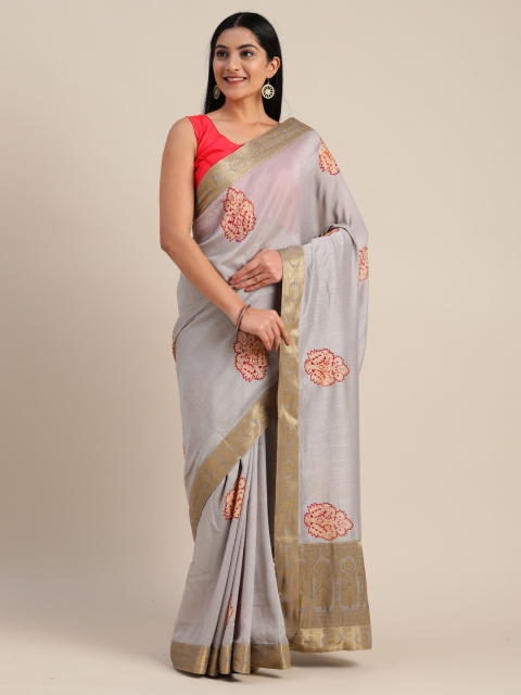 

Mitera Grey Poly Silk Floral Printed Chanderi Saree