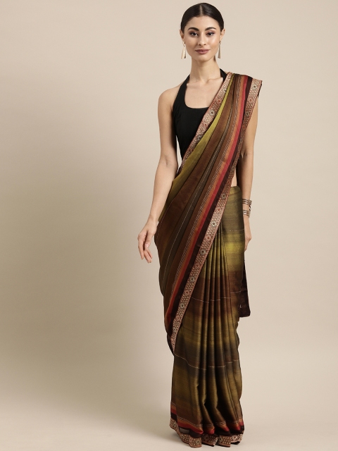 

Mitera Brown & Lime Green Pure Chiffon Striped Saree