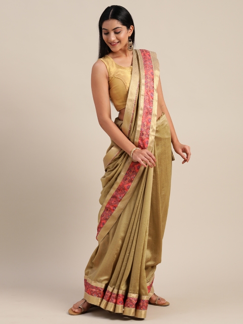 

Mitera Beige & Pink Poly Silk Solid Chanderi Saree