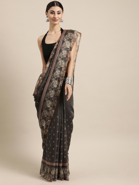 

Mitera Charcoal Grey & Beige Poly Silk Printed Chanderi Saree