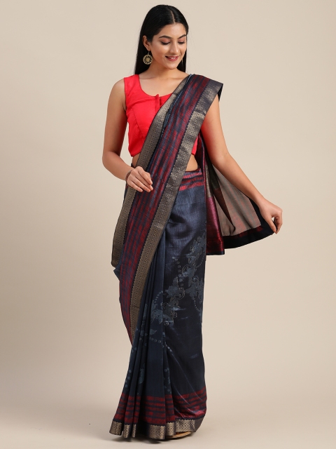 

Mitera Navy Blue Poly Silk Floral Printed Chanderi Saree