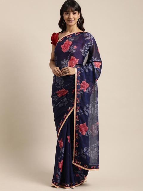 

Mitera Navy Blue & Pink Pure Chiffon Printed Saree