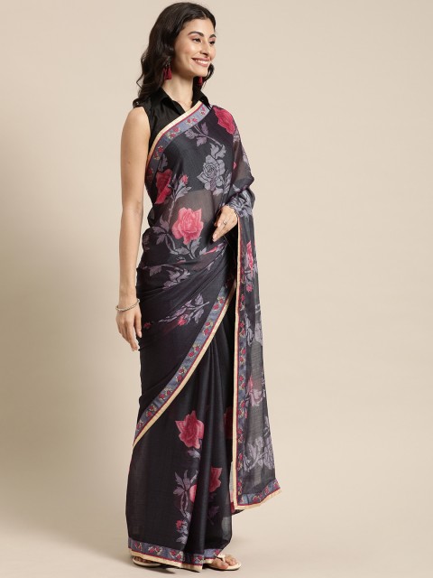 

Mitera Charcoal & Red Pure Chiffon Printed Saree