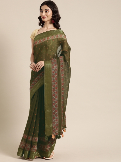 

Mitera Olive Green Printed Art Silk Saree