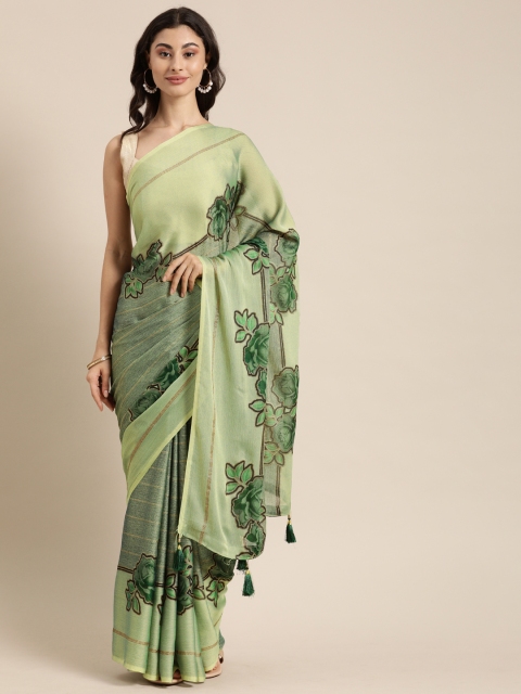 

Mitera Green Floral Printed Pure Chiffon Saree