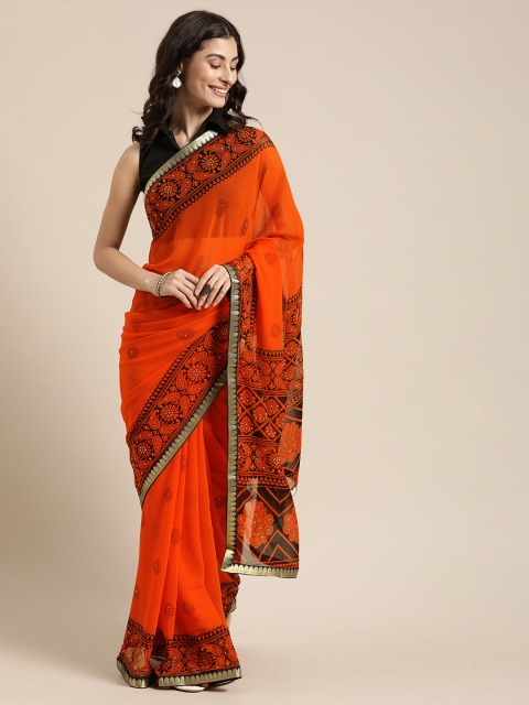 

Mitera Orange & Black Pure Georgette Printed Saree with Embellishments