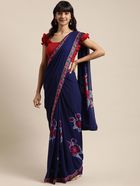 

Mitera Navy Blue & Red Pure Georgette Floral Printed Saree