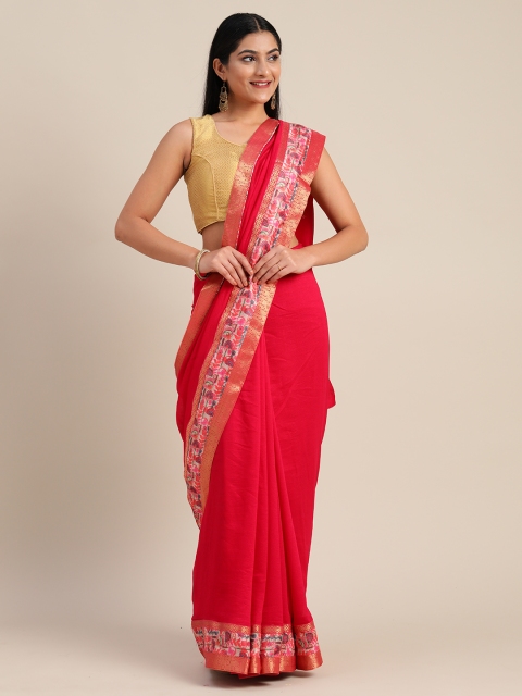

Mitera Pink & Gold-Toned Poly Silk Solid Chanderi Saree
