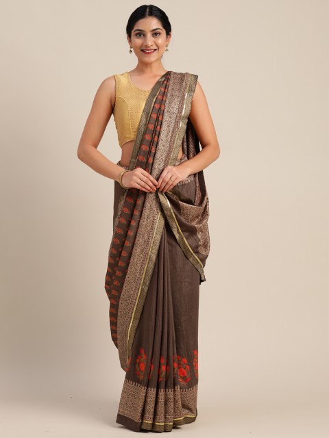 

Mitera Grey & Red Poly Silk Printed Chanderi Saree