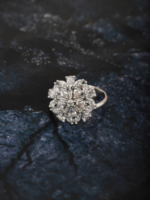 

Carlton London Women Silver-Toned Rhodium-Plated CZ-Studded Floral Adjustable Finger Ring