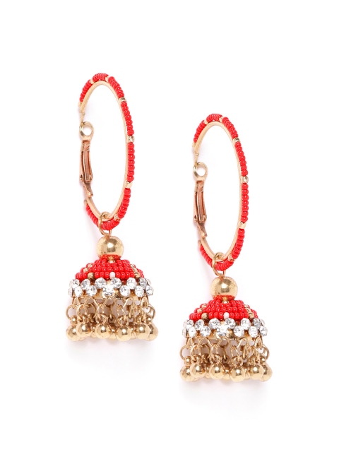 

Carlton London Red & Gold-Toned Stone CZ Studded & Beaded Handcrafted Dome Shaped Jhumkas