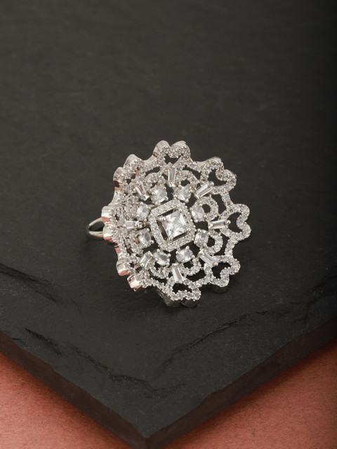 

Carlton London Women Silver-Toned Rhodium-Plated CZ-Studded Adjustable Finger Ring