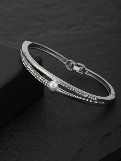 

Carlton London Silver-Toned CZ Studded & Beaded Bangle-Style Bracelet