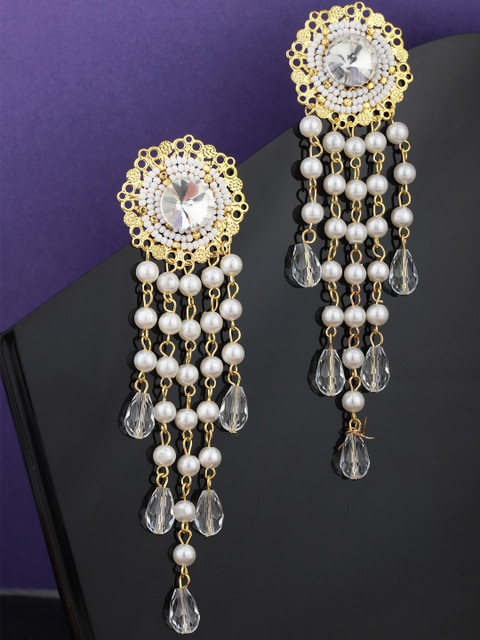

Carlton London Off-White & Gold-Toned Stone Studded & Beaded Handcrafted Drop Earrings