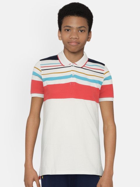 

YK Boys White Coral Pink Striped Polo Collar Pure Cotton T-shirt