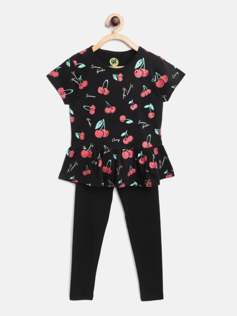 

YK Girls Black & Red Cherry Print Top with Solid Leggings