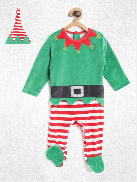 

YK Boys Green & Red Striped Sleepsuit With Cap