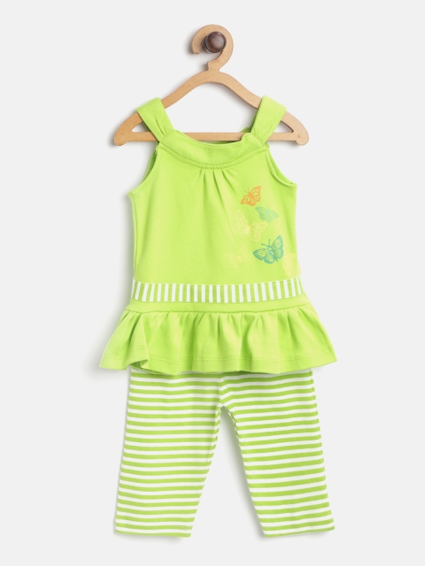 

YK Girls Green & White Butterfly Print Top with Pyjamas