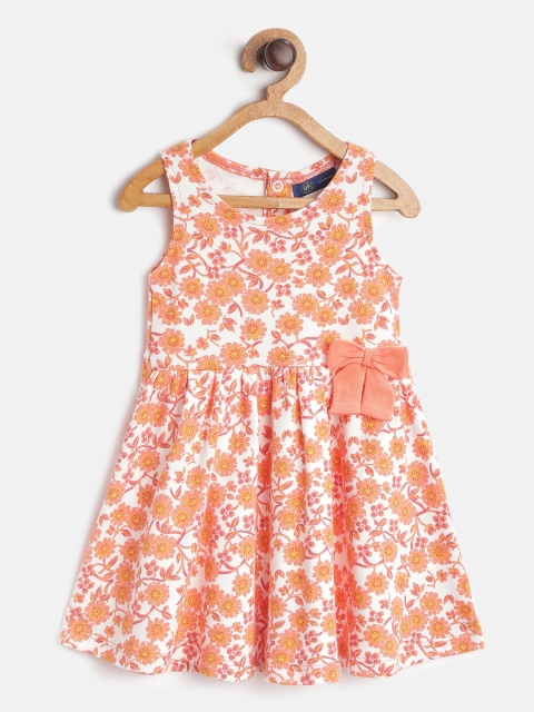 

YK Girls Coral Orange & White Floral Print A-Line Dress with Bow Detail