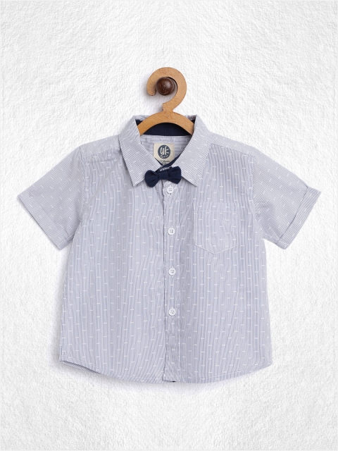 

YK Boys White & Navy Blue Regular Fit Striped Casual Shirt with Bow Tie