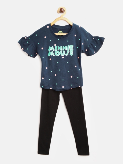 

YK Disney Girls Navy Blue & Black Polka Dot Print Top with Leggings