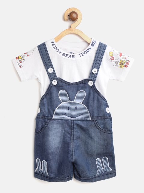 

YK Boys White & Navy Blue Solid T-shirt with Denim Dungarees