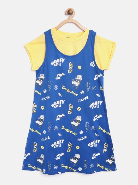 

YK Disney Girls Blue & White Goofy Print A-Line Dress with T-shirt
