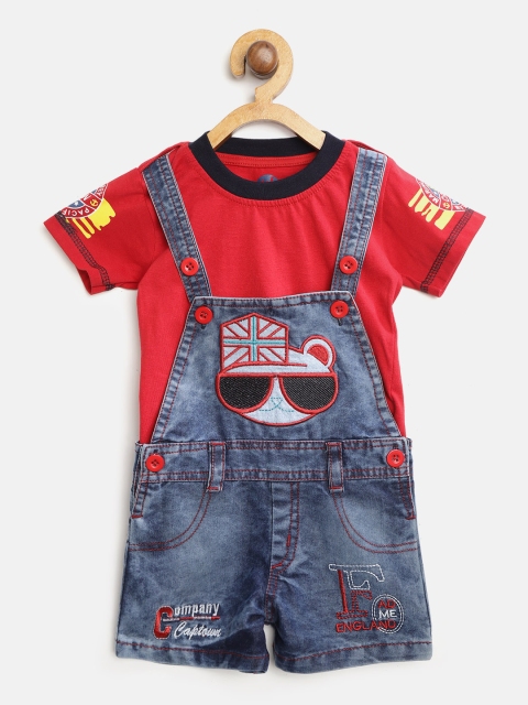 

YK Boys Red & Navy Blue Solid T-shirt with Denim Dungarees