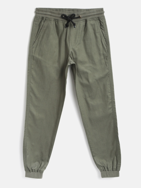 

YK Boys Olive Green Regular Fit Solid Twill Weave Joggers