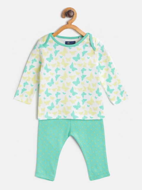 

YK Girls White & Sea Green Butterfly Print T-shirt with Ditsy Dot Pyjamas