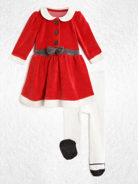 

YK Girls Red & White Solid Fit & Flare Dress with Stockings