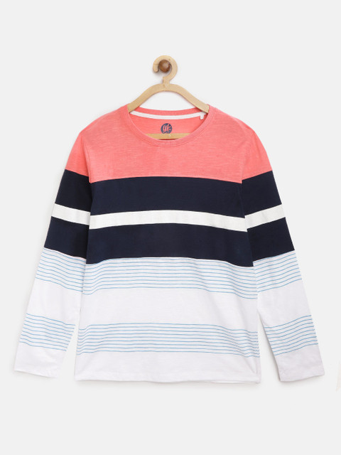 

YK Boys White & Blue Striped Round Neck T-shirt with Colourblocked Detail