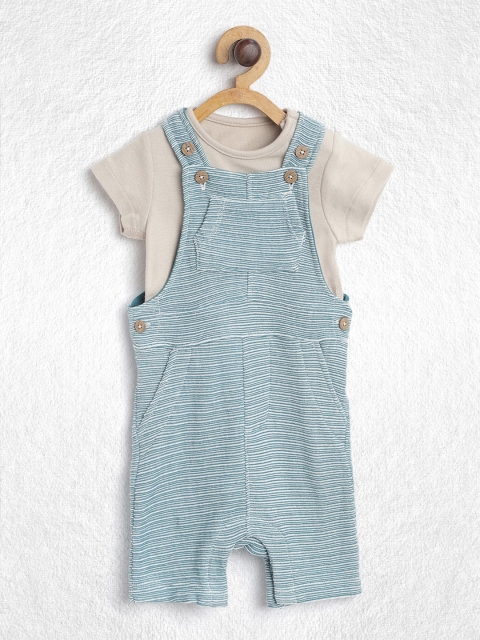 

YK Boys Beige & Teal Green Solid Bodysuit with Striped Dungarees