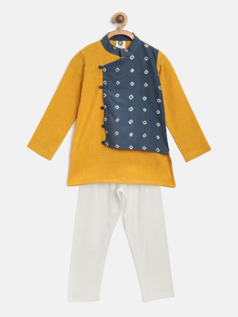 

YK Boys Mustard Yellow & White Printed Angrakha Kurta with Pyjamas