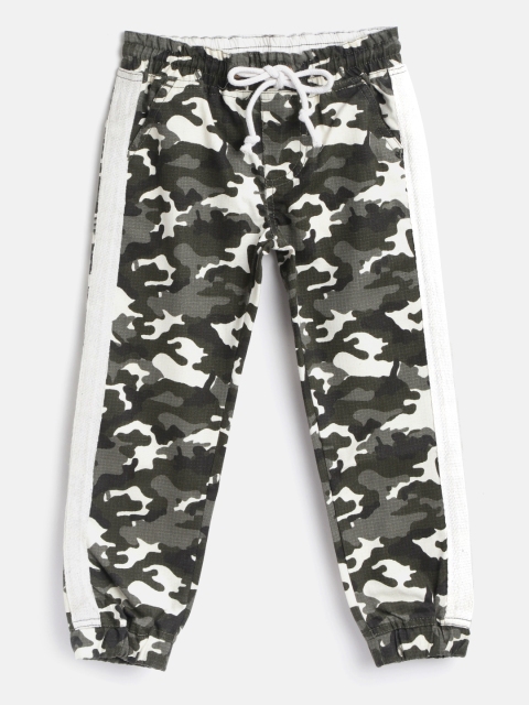 

YK Boys Olive Green & White Regular Fit Camouflage Print Joggers with Side Taping