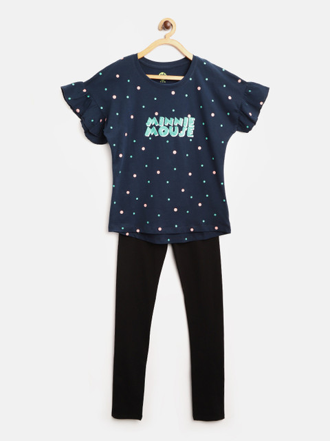 

YK Disney Girls Navy Blue & Black Polka Dot Print Top with Leggings