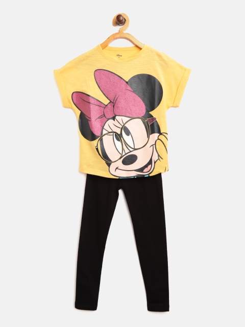 

YK Disney Girls Yellow & Black Minnie Mouse Print T-shirt with Leggings