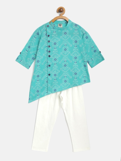 

YK Boys Sea Green & White Printed Angrakha Kurta with Pyjamas