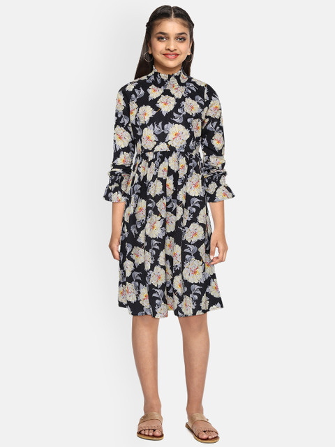 

YK Girls Black & Off-White Floral Printed High Neck Fit & Flare Dress