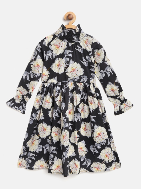 

YK Girls Black & Off-White Floral Printed High Neck Fit & Flare Dress