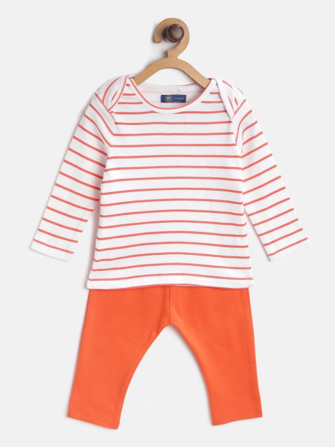 

YK Kids White & Orange Striped T-shirt with Solid Pyjamas