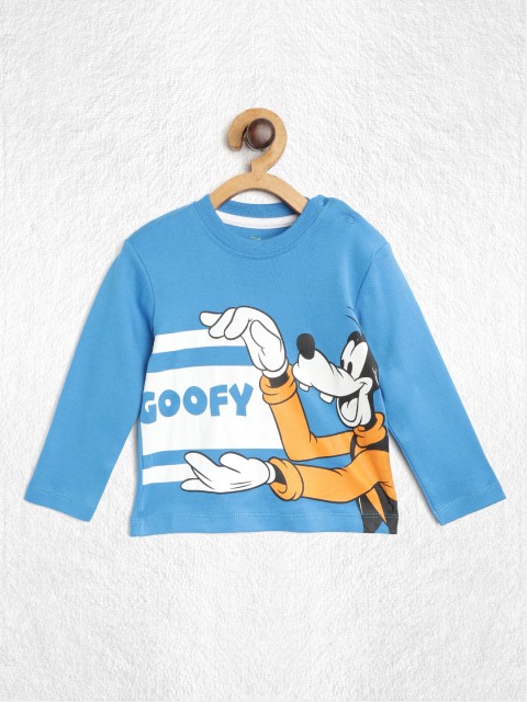 

YK Disney Infant Boys Blue & White Pure Cotton Goofy Print Round Neck T-shirt