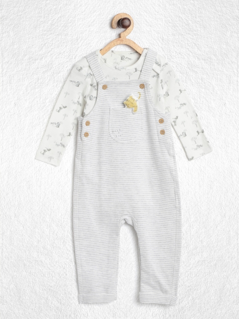 

YK Boys White & Grey Melange Printed Bodysuit with Striped Dungarees