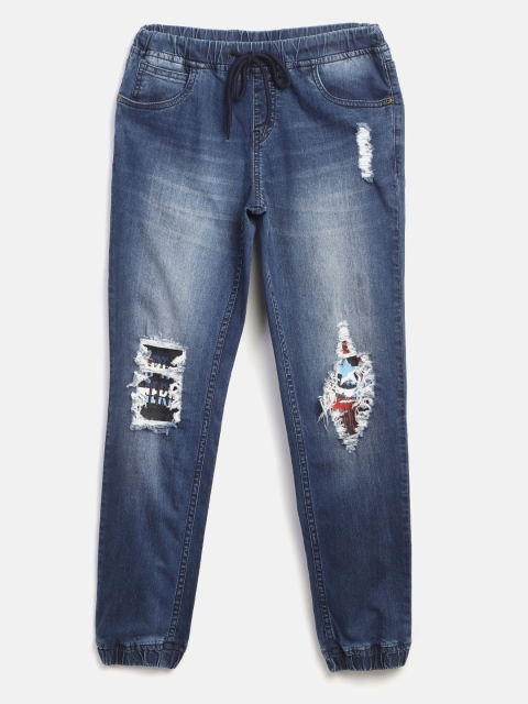 

YK Marvel Boys Blue Mid-Rise Printed Detail Highly Distressed Stretchable Joggers