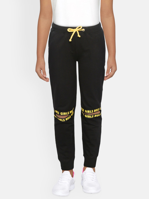 

YK Girls Black Pure Cotton Solid Slash Knee Joggers with Printed Detail