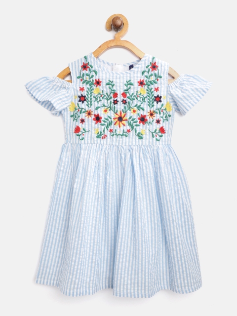 

YK Girls Blue & White Striped & Floral Embroidered A-Line Dress