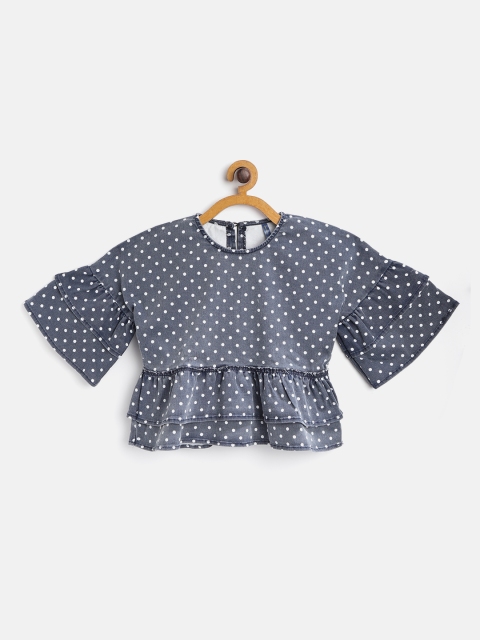 

YK Girls Navy Blue & White Polka Dot Print Denim A-Line Pure Cotton Top