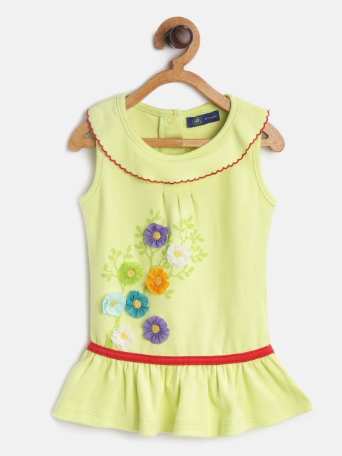 

YK Girls Lime Green Floral Print Drop-Waist Dress with Applique Detail