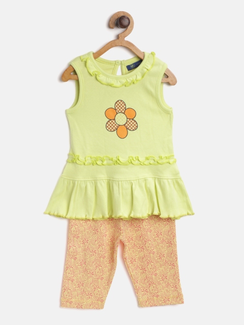 

YK Girls Lime Green & Pink Floral Print Top with Tropical Print Leggings