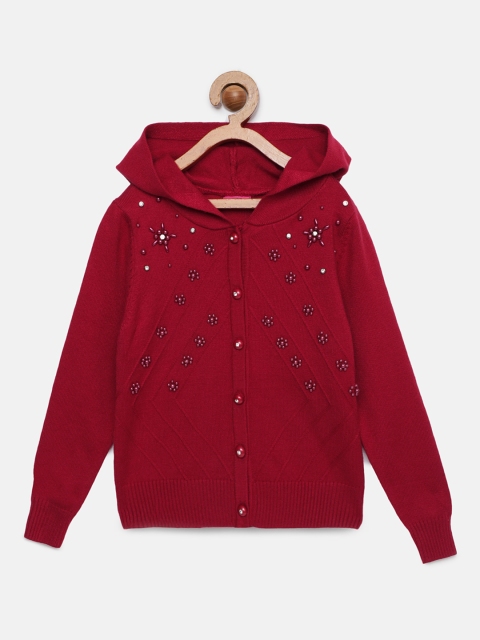 

Tiny Girl Maroon Embellished Hooded Cardigan Sweater